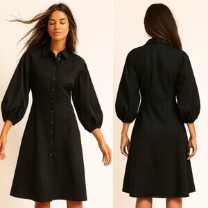 HARSHMAN Muriel Shirt Dress Black 3/4 Length Balloon Sleeve Button Medium NEW